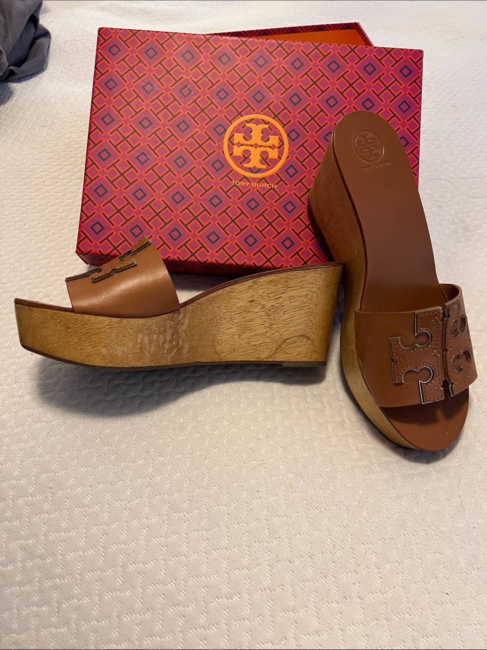 Tory Burch Tan Leather Logo Wedge Slides